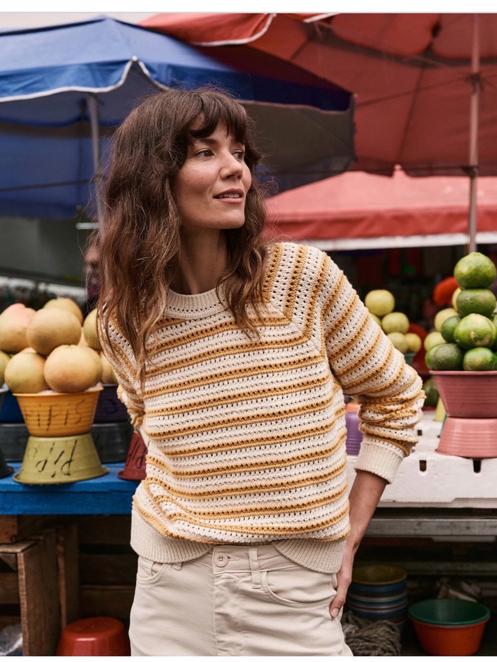 Marine Layer Montecito Striped Cream and Yellow Knit Sweater